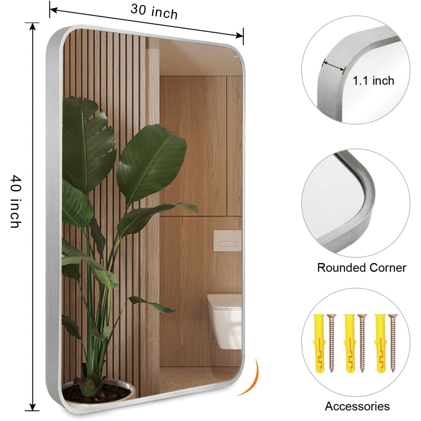 VanityFus 30-in W 40-in H Rectangle Silver Framed Beveled Bathroom Vanity Mirror Wall Mirror