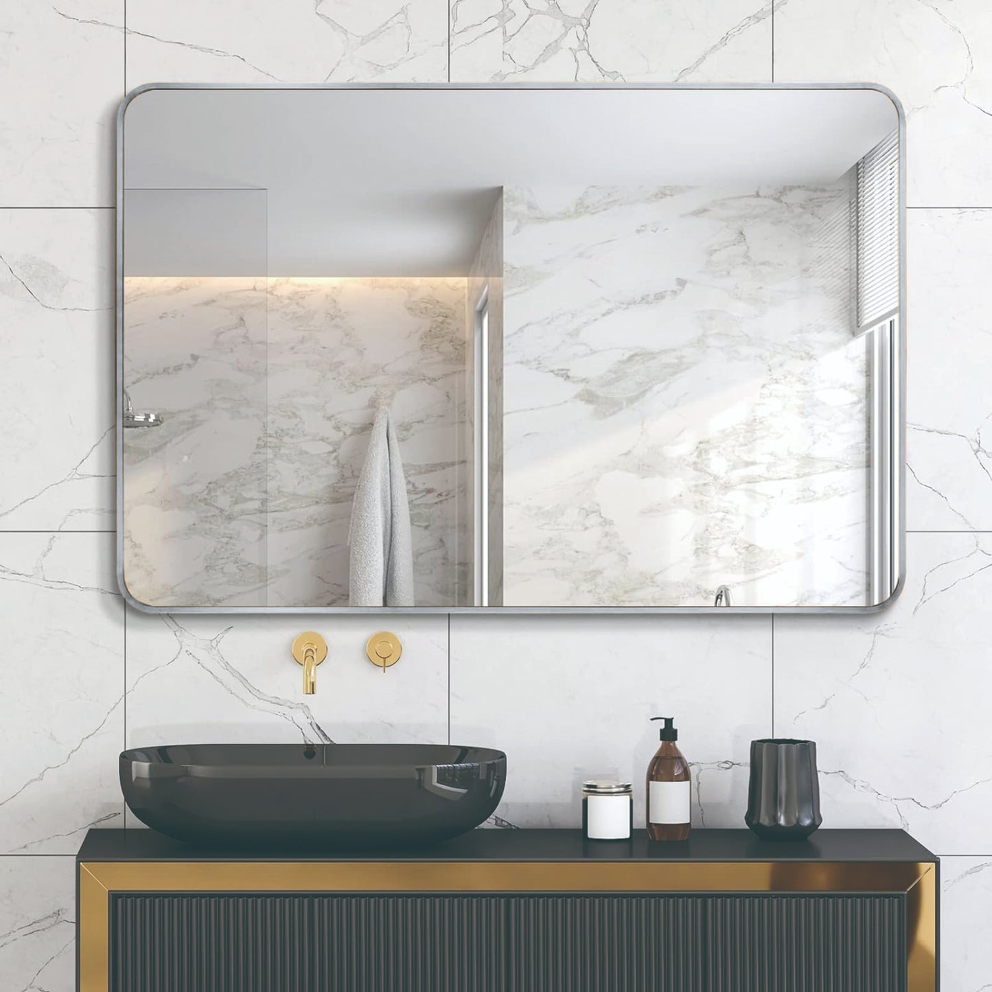 VanityFus 30-in W 40-in H Rectangle Silver Framed Beveled Bathroom Vanity Mirror Wall Mirror
