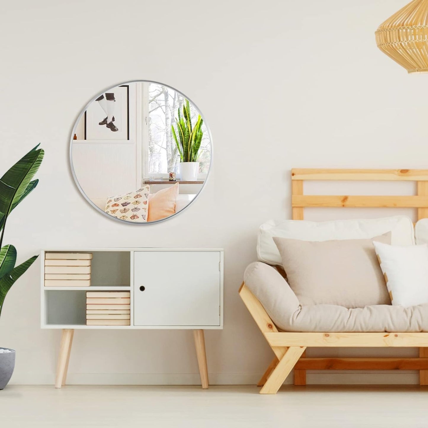 VanityFus 32-in W 32-in H Round Silver Framed Beveled Bathroom Vanity Mirror Wall Mirror