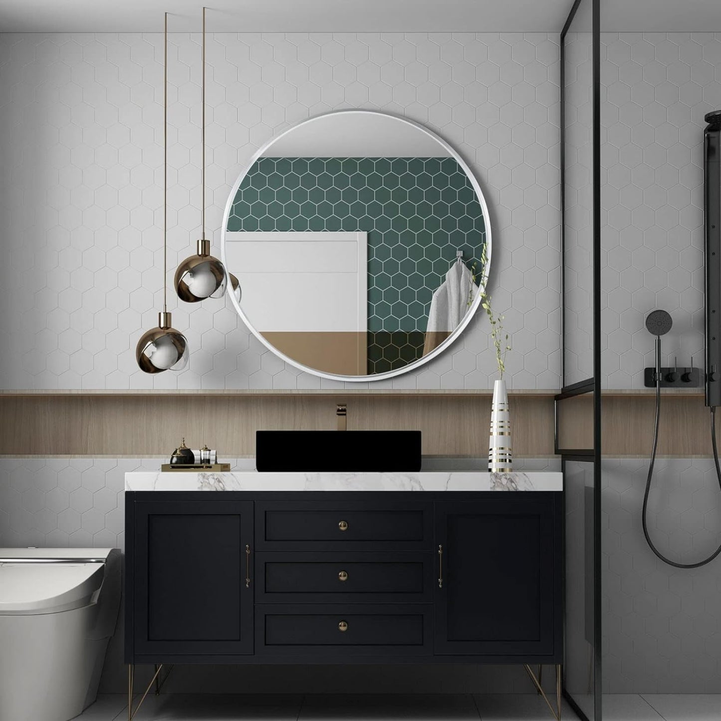 VanityFus 32-in W 32-in H Round Silver Framed Beveled Bathroom Vanity Mirror Wall Mirror