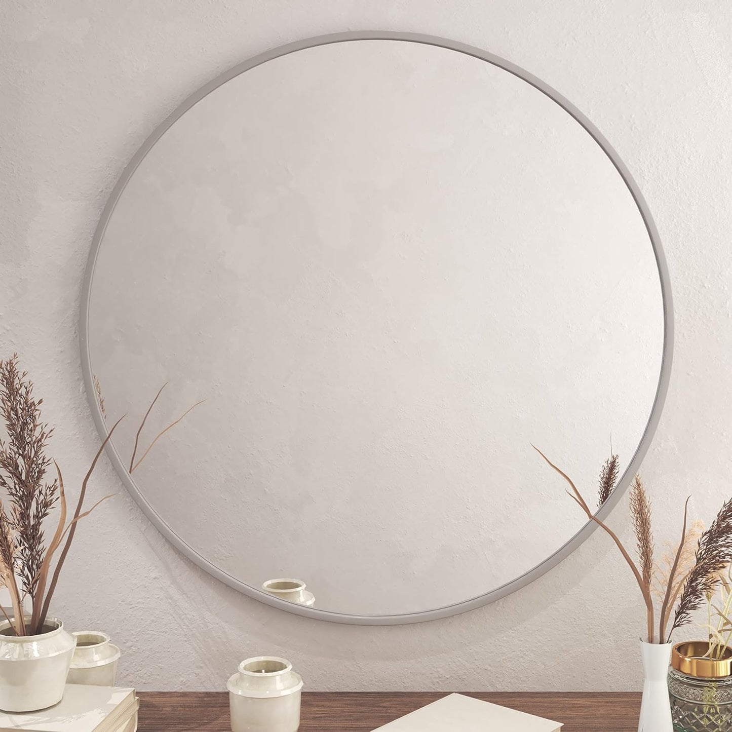 VanityFus 36-in W 36-in H Round Silver Framed Beveled Bathroom Vanity Mirror Wall Mirror