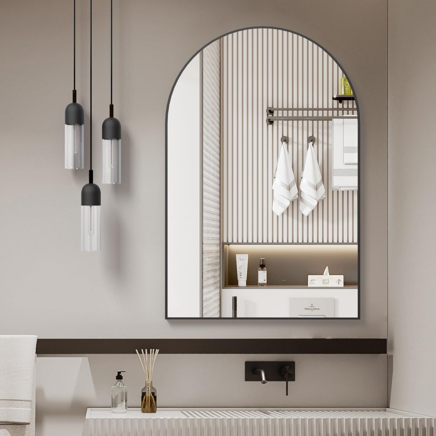 VanityFus 32-in W 24-in H Arch Framed Beveled Bathroom Vanity Mirror Wall Mirror (Matte Black)