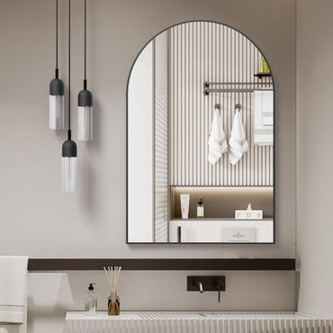 VanityFus 32-in W 24-in H Arch Framed Beveled Bathroom Vanity Mirror Wall Mirror (Matte Black)