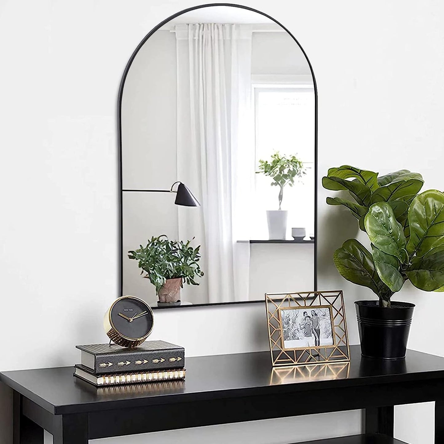 VanityFus 36-in W 24-in H Arch Framed Beveled Bathroom Vanity Mirror Wall Mirror (Matte Black)