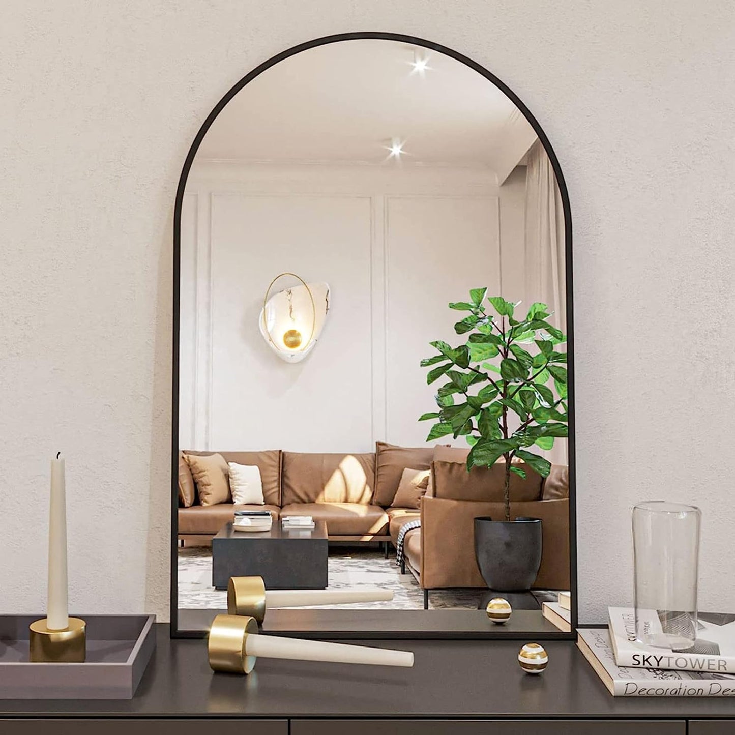 VanityFus 36-in W 24-in H Arch Framed Beveled Bathroom Vanity Mirror Wall Mirror (Matte Black)