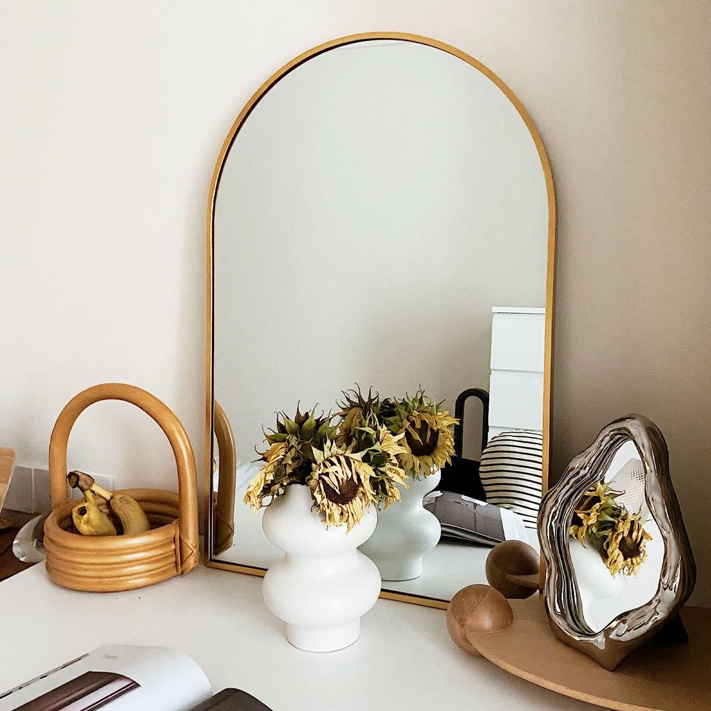 VanityFus 36-in W 24-in H Arch Brush Gold Framed Beveled Bathroom Vanity Mirror Wall Mirror