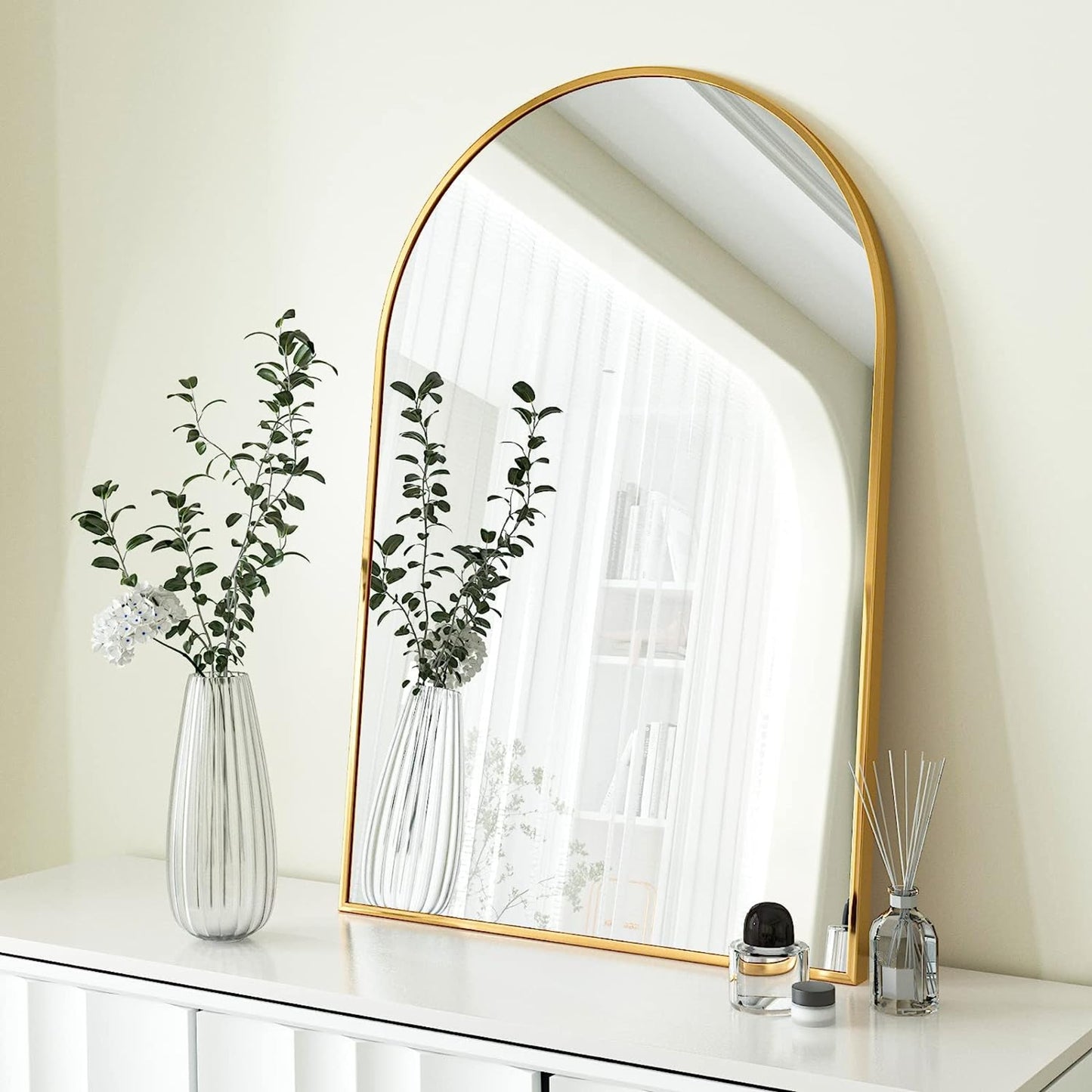 VanityFus 36-in W 24-in H Arch Brush Gold Framed Beveled Bathroom Vanity Mirror Wall Mirror