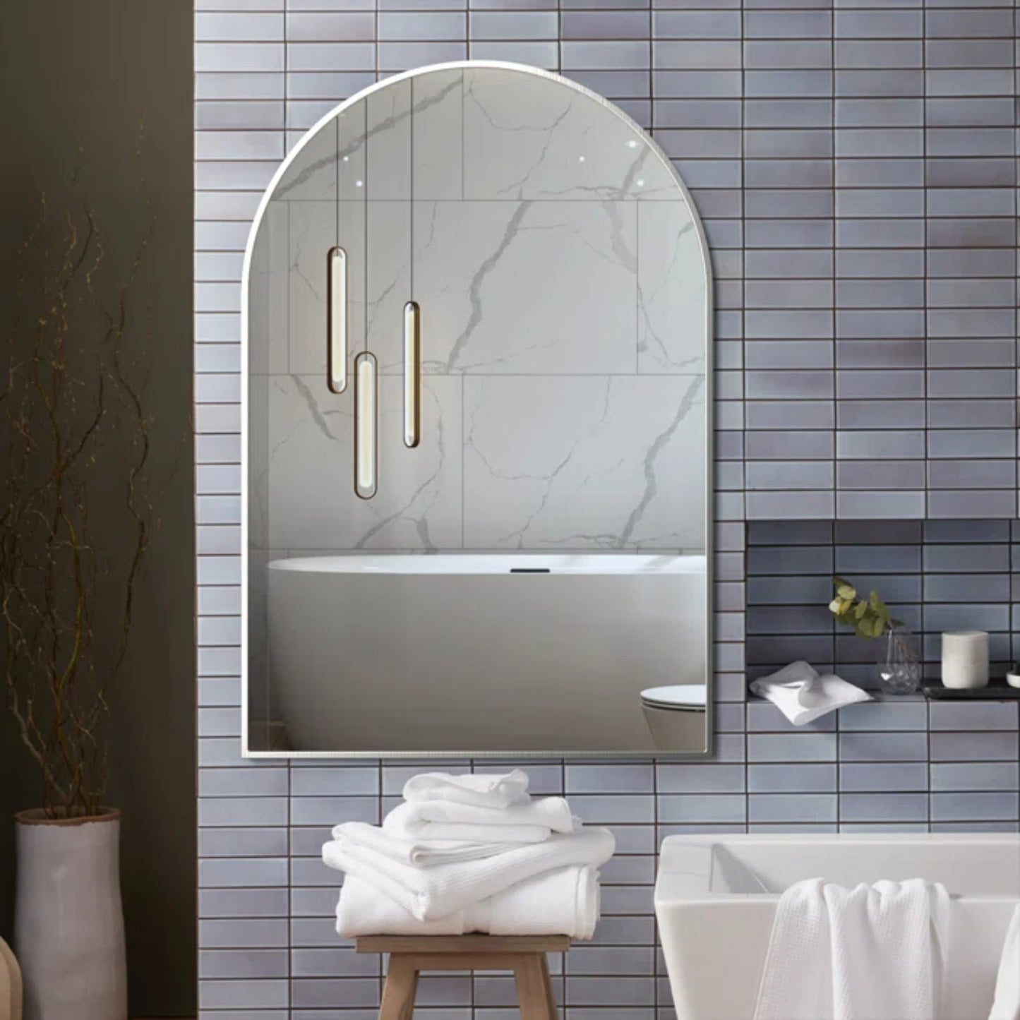 VanityFus 36-in W 24-in H Arch Silver Framed Beveled Bathroom Vanity Mirror Wall Mirror