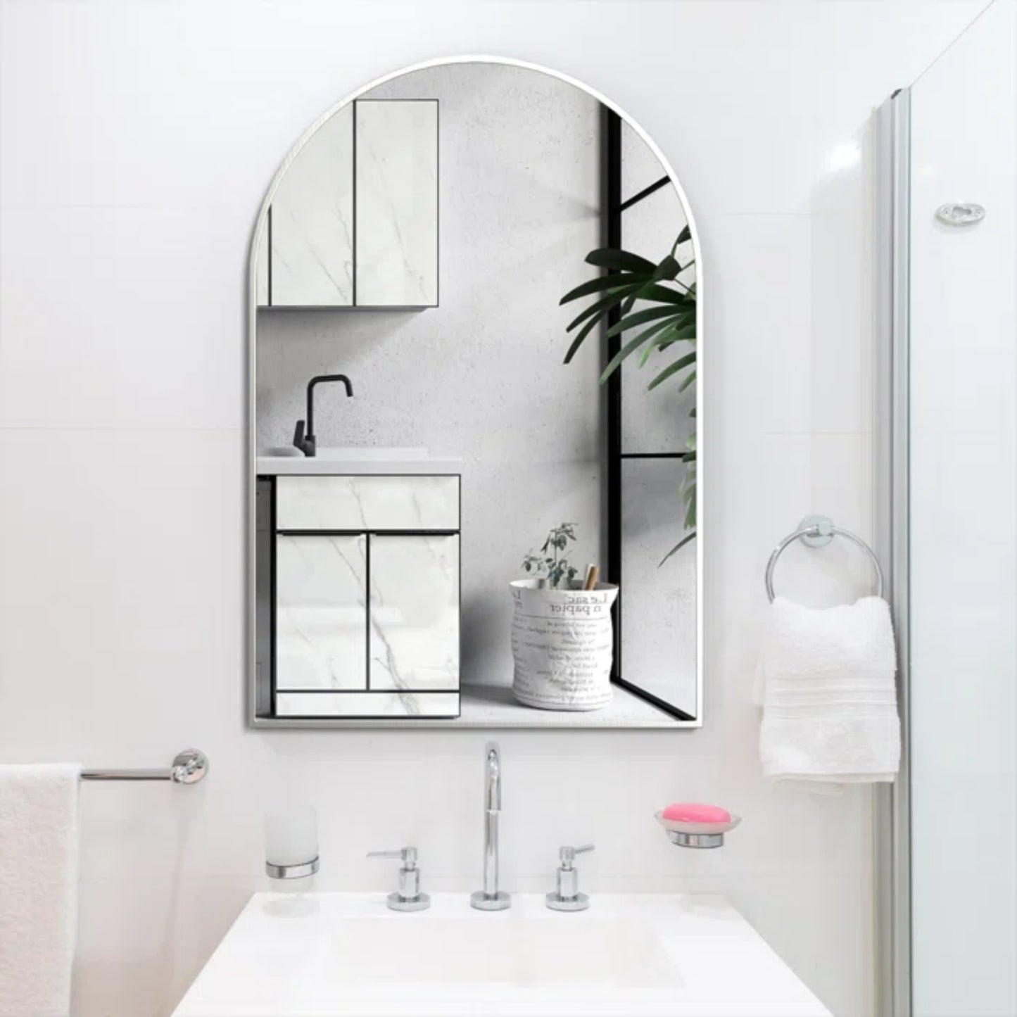 VanityFus 36-in W 24-in H Arch Silver Framed Beveled Bathroom Vanity Mirror Wall Mirror