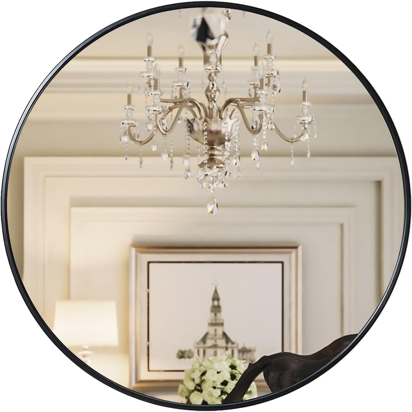 VanityFus 42-in W 42-in H Round Framed Beveled Bathroom Vanity Mirror Wall Mirror (Matte Black)