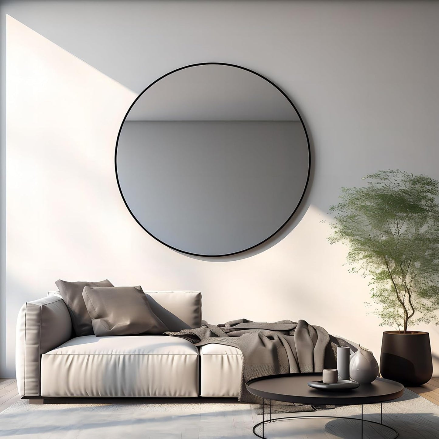VanityFus 42-in W 42-in H Round Framed Beveled Bathroom Vanity Mirror Wall Mirror (Matte Black)
