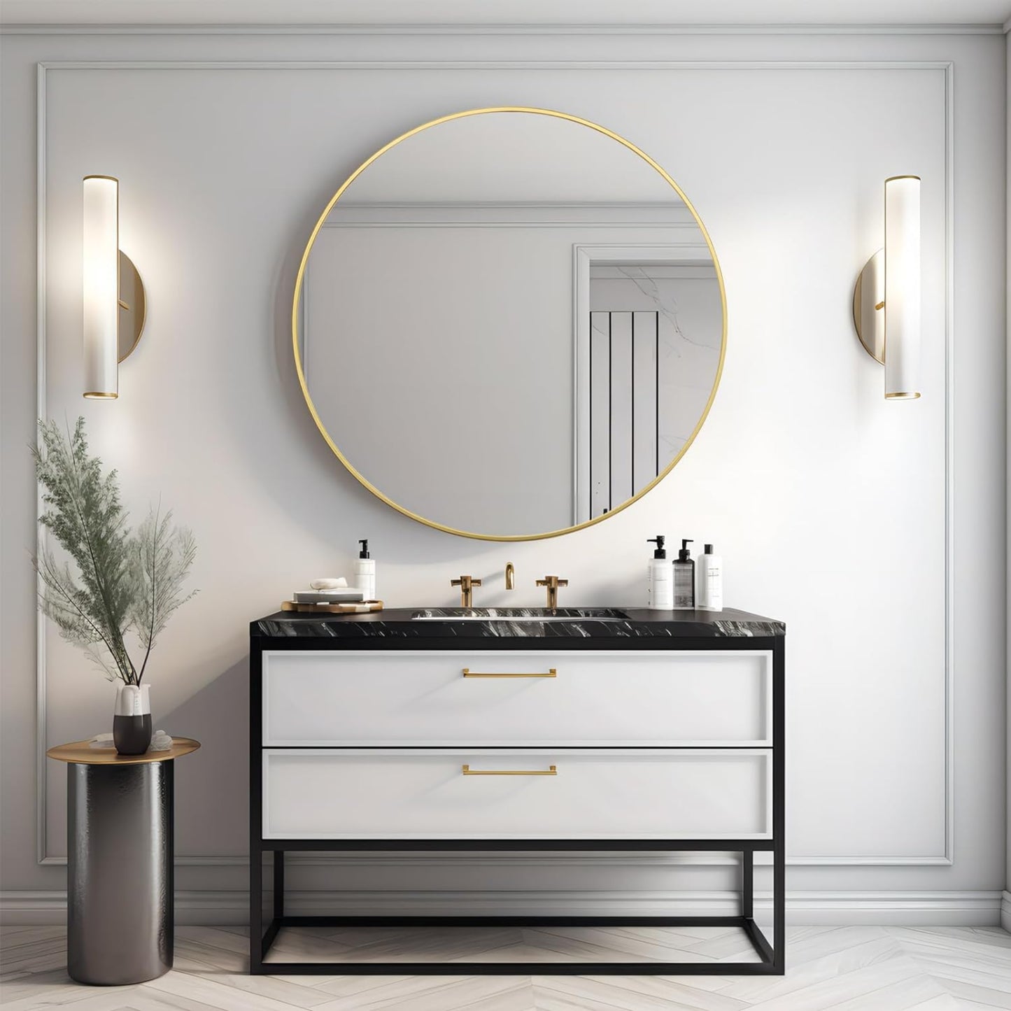 VanityFus 42-in W 42-in H Round Brush Gold Framed Beveled Bathroom Vanity Mirror Wall Mirror