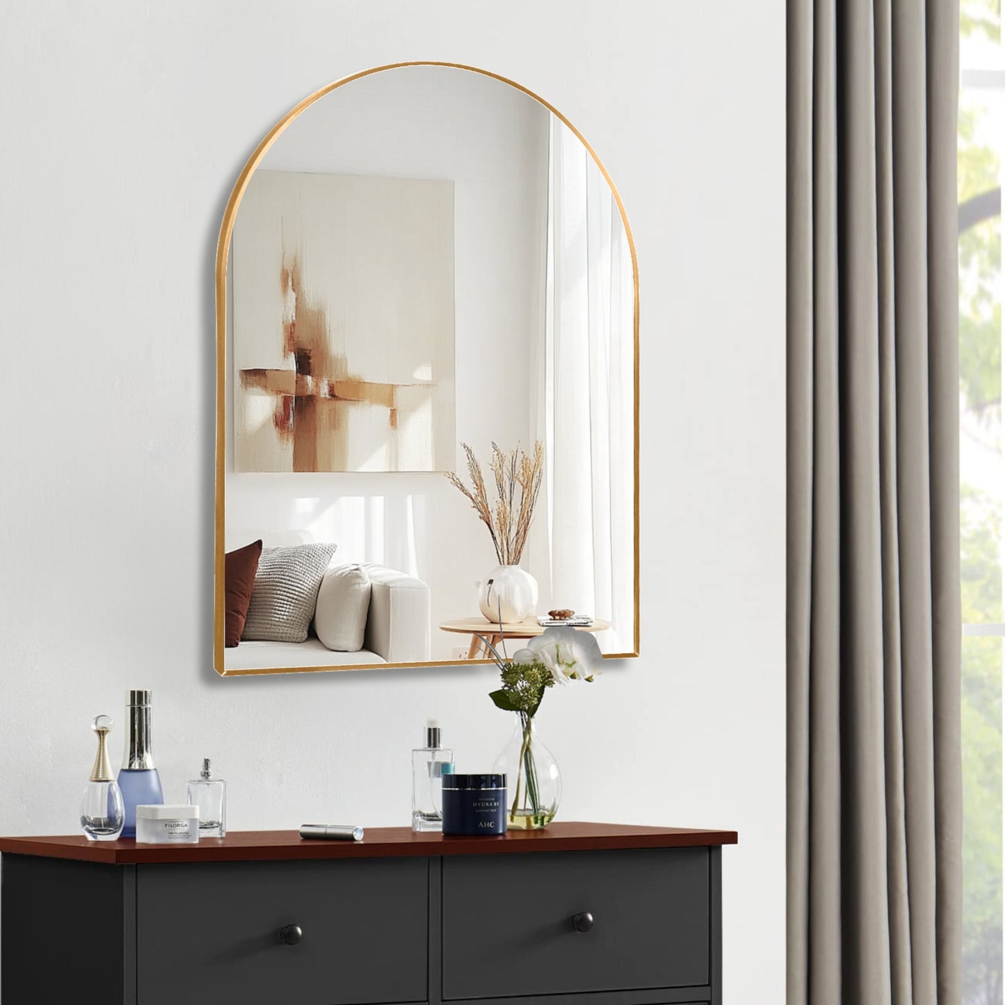 VanityFus 30-in W 40-in H Arch Brush Gold Framed Beveled Bathroom Vanity Mirror Wall Mirror