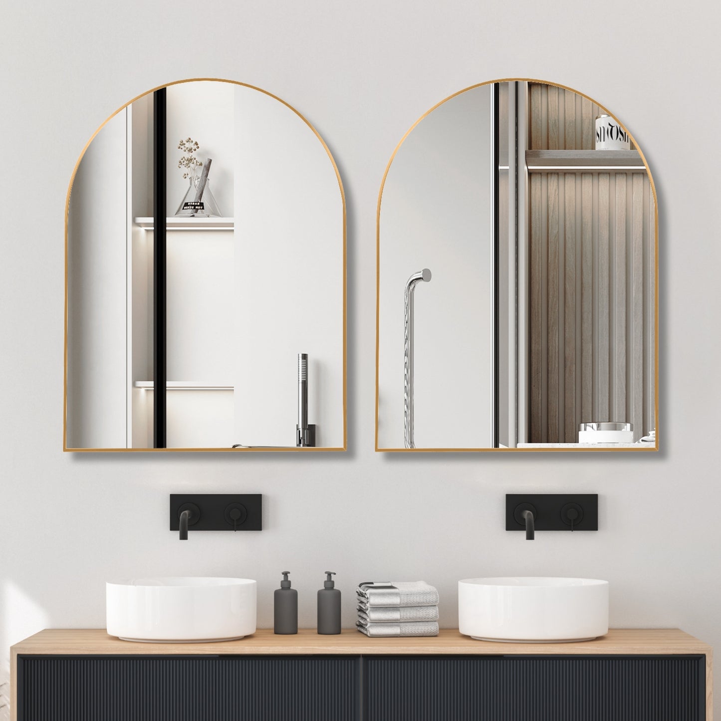 VanityFus 30-in W 40-in H Arch Brush Gold Framed Beveled Bathroom Vanity Mirror Wall Mirror