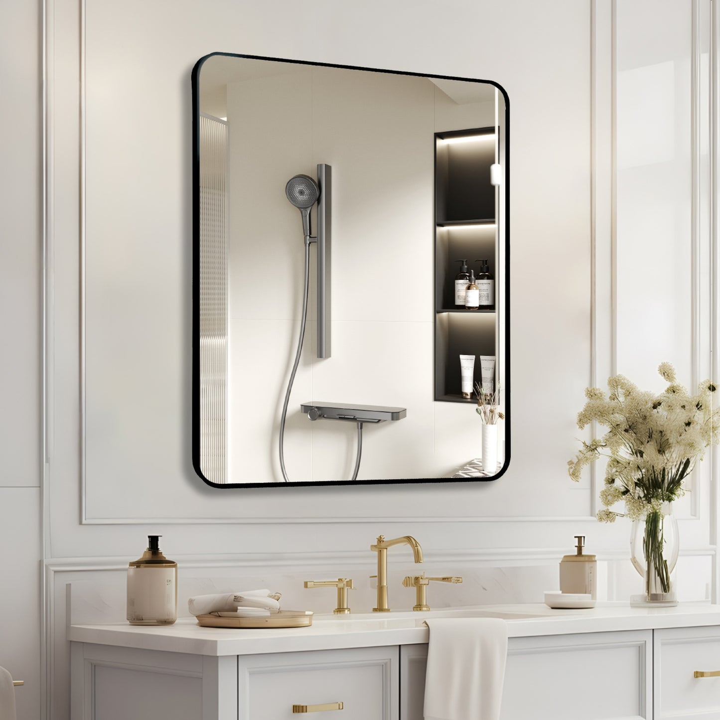 VanityFus 36-in W 30-in H Rectangle Framed Beveled Bathroom Vanity Mirror Wall Mirror (Matte Black)