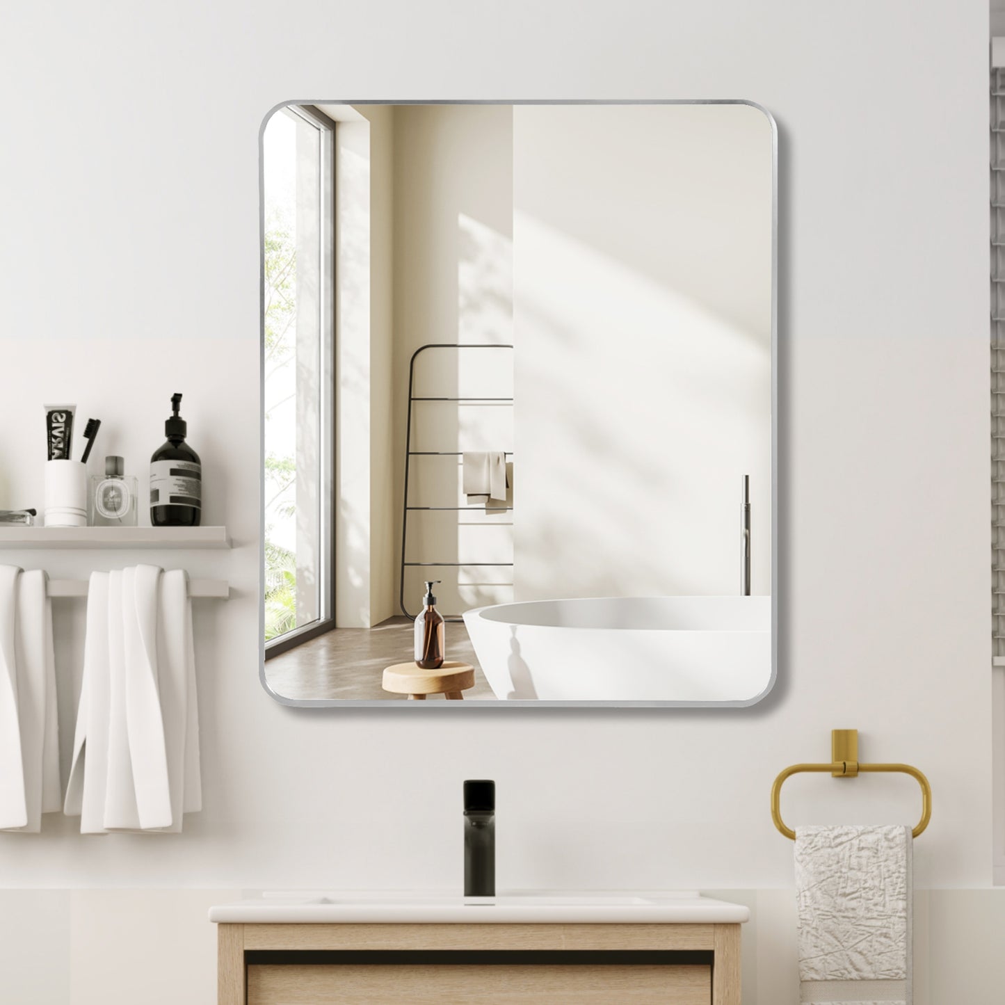 VanityFus 30-in W 36-in H Rectangle Silver Framed Beveled Bathroom Vanity Mirror Wall Mirror