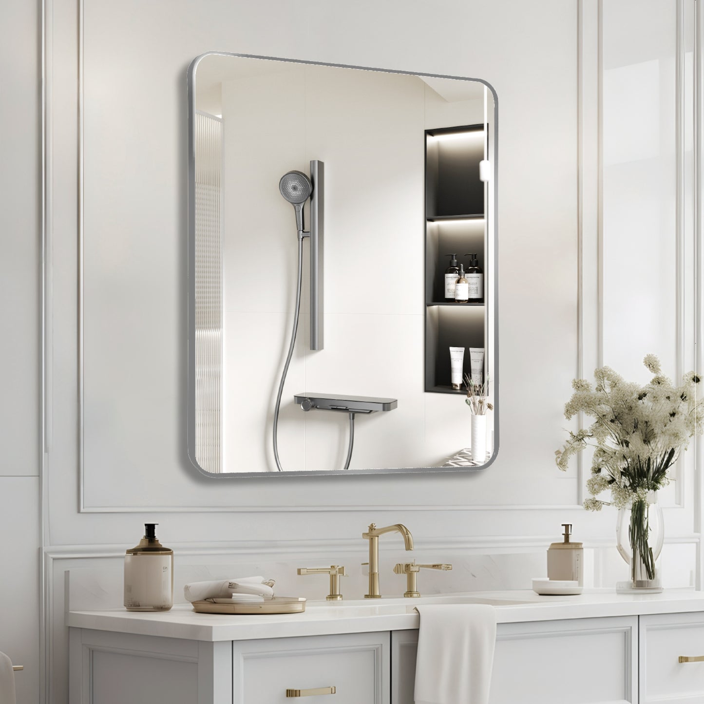 VanityFus 30-in W 36-in H Rectangle Silver Framed Beveled Bathroom Vanity Mirror Wall Mirror