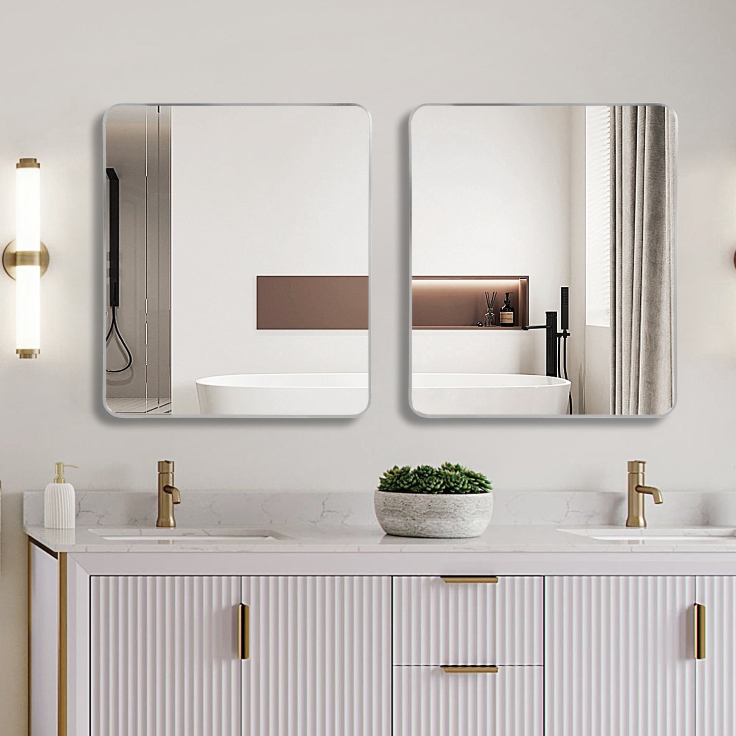 VanityFus 30-in W 36-in H Rectangle Silver Framed Beveled Bathroom Vanity Mirror Wall Mirror