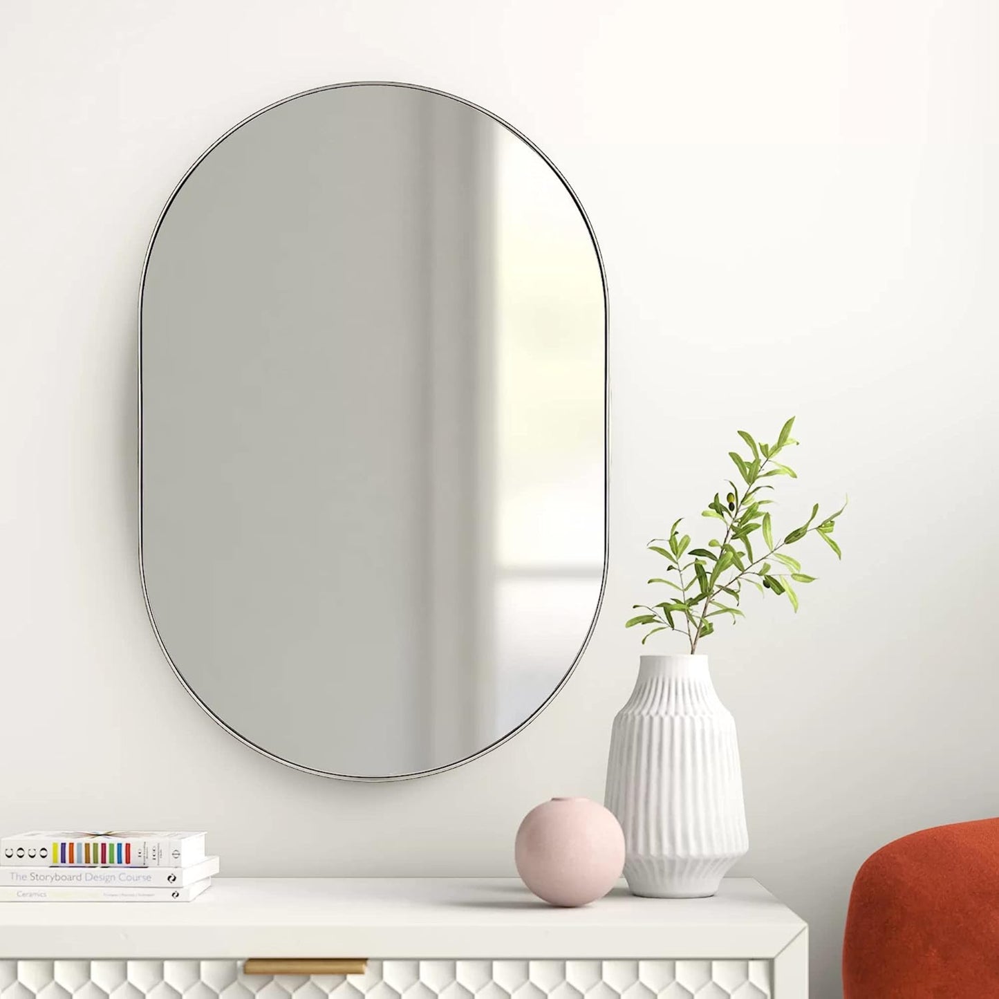 VanityFus 28-in W 20-in H Oval Silver Framed Beveled Bathroom Vanity Mirror Wall Mirror
