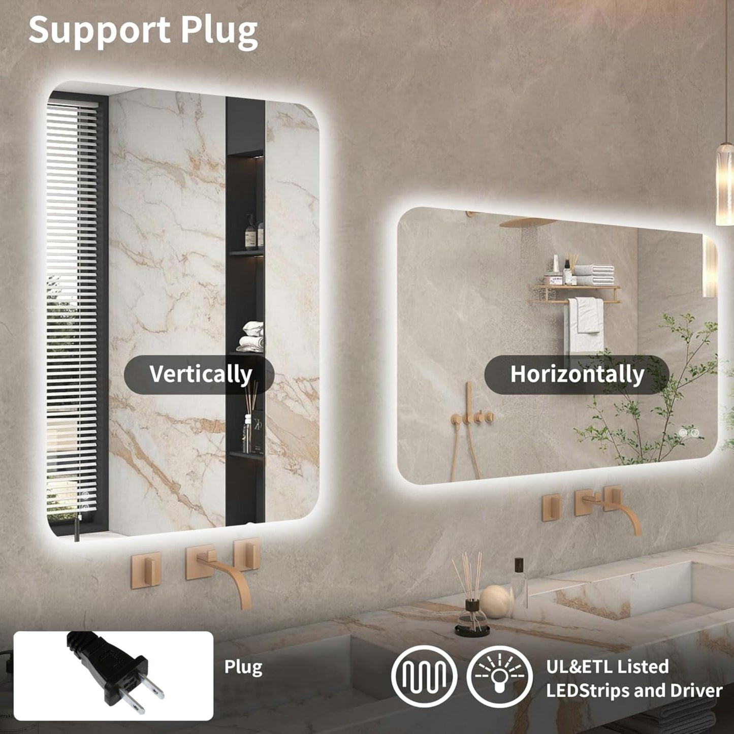VanityFus 30-in W 40-in H Rectangle Frameless Dimmable LED Lighted Fog Free Bathroom Vanity Mirror