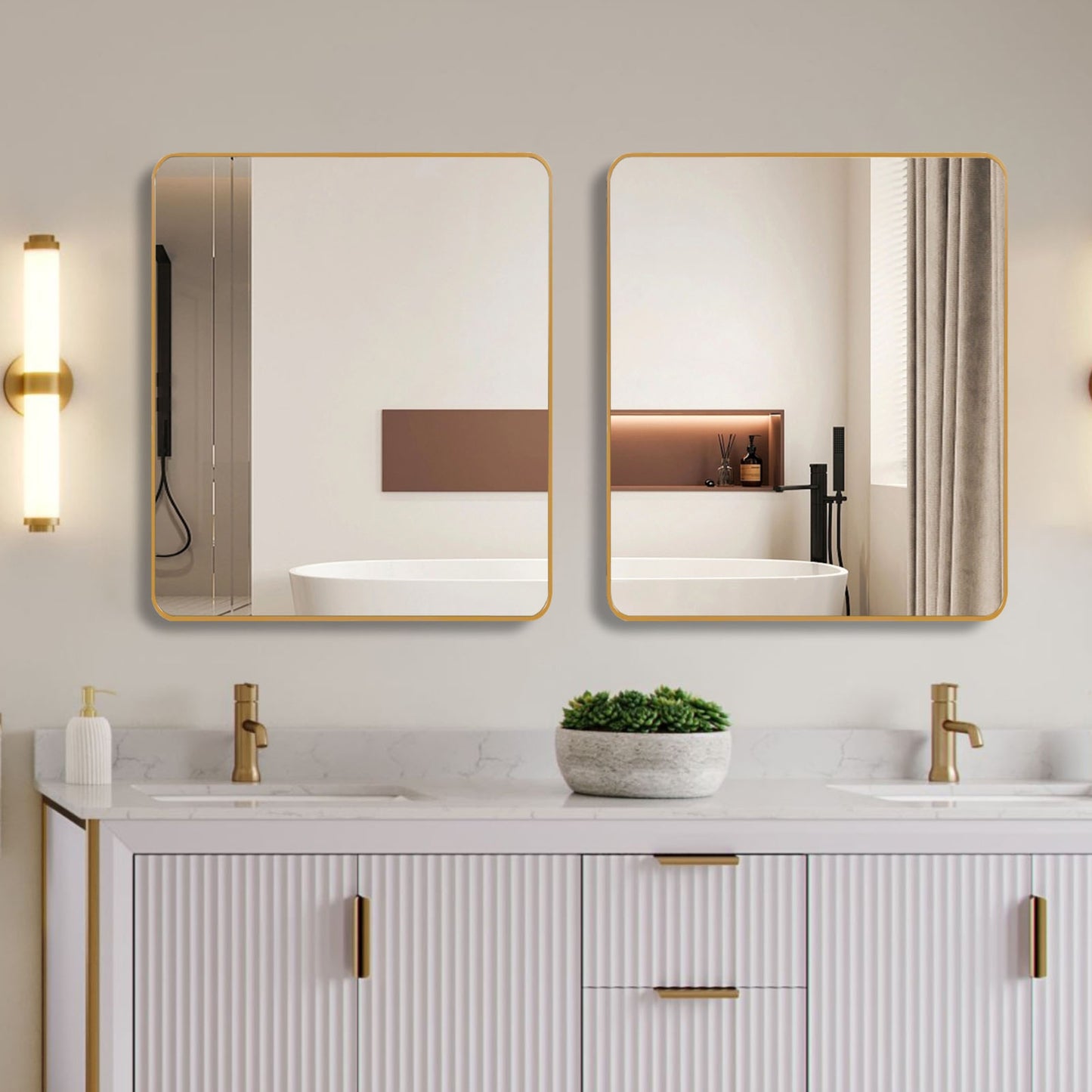 VanityFus 36-in W 36-in H Rectangle Brush Gold Framed Beveled Bathroom Vanity Mirror Wall Mirror
