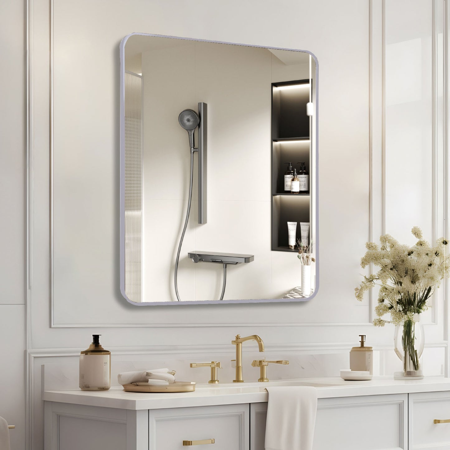 VanityFus 36-in W 36-in H Square Silver Framed Beveled Bathroom Vanity Mirror Wall Mirror
