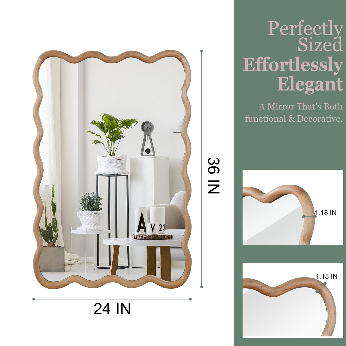 VanityFus 36-in W 24-in H Wavy Rectangle Natural Wood Framed Beveled Bathroom Vanity Mirror Wall Mirror