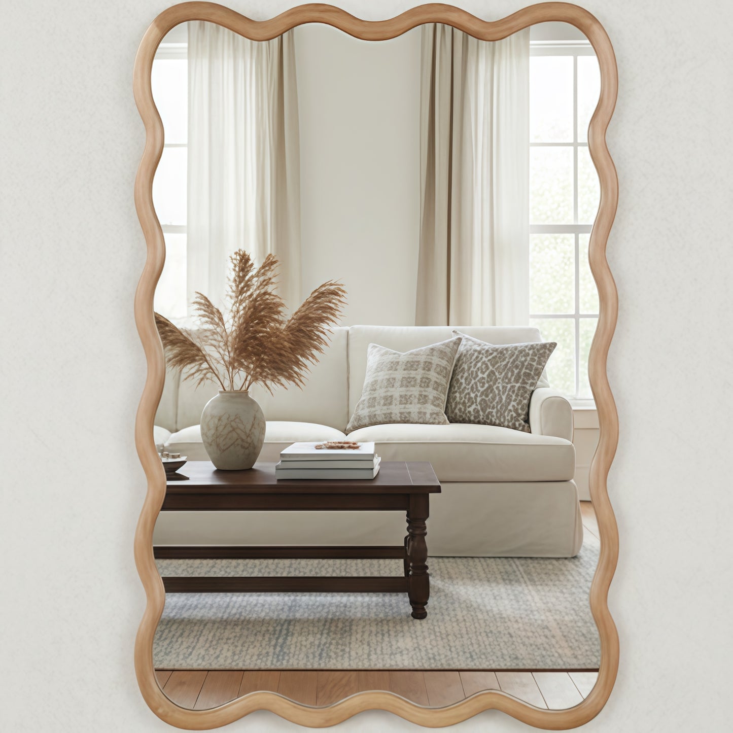 VanityFus 36-in W 24-in H Wavy Rectangle Natural Wood Framed Beveled Bathroom Vanity Mirror Wall Mirror