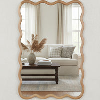 VanityFus 36-in W 24-in H Wavy Rectangle Natural Wood Framed Beveled Bathroom Vanity Mirror Wall Mirror