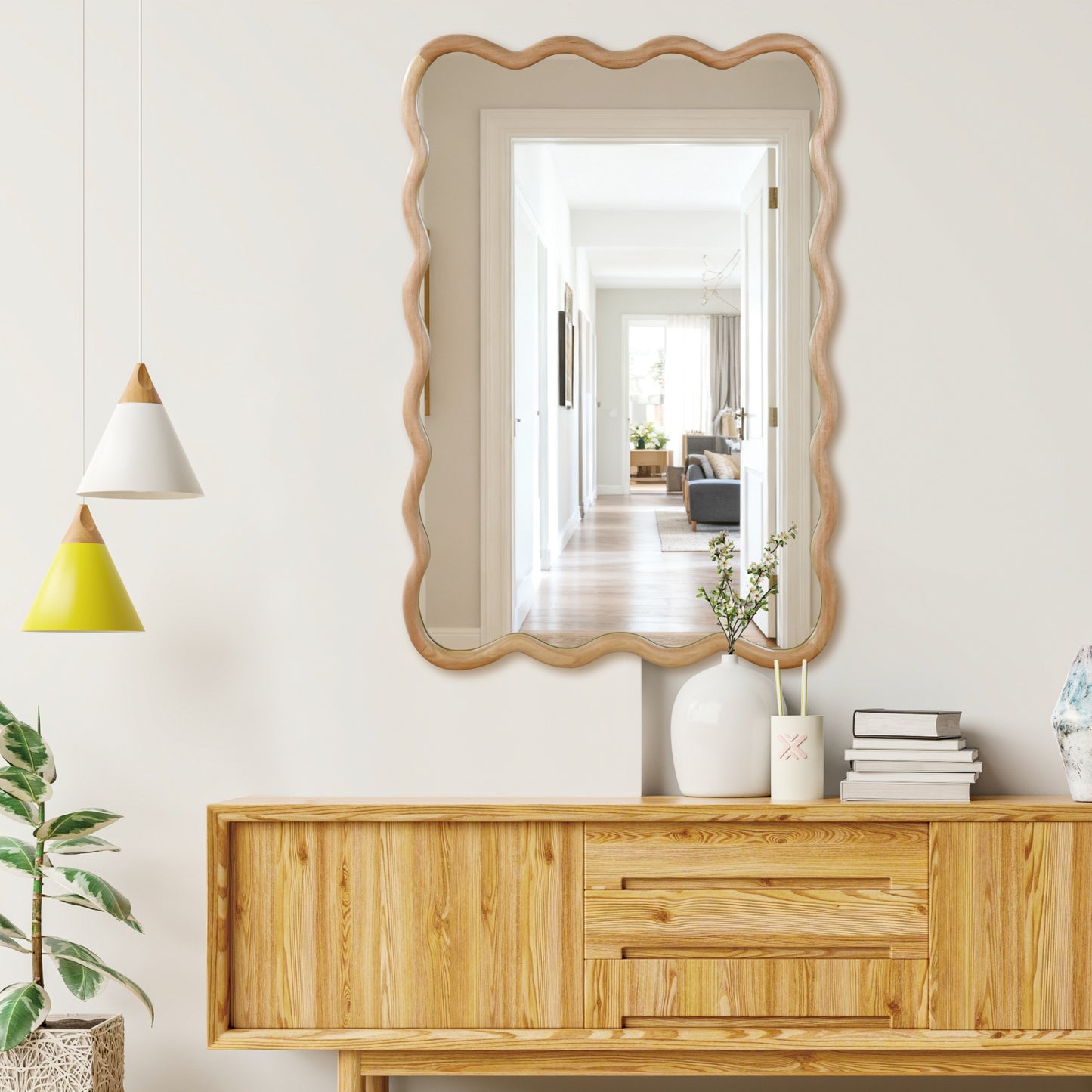 VanityFus 36-in W 24-in H Wavy Rectangle Natural Wood Framed Beveled Bathroom Vanity Mirror Wall Mirror