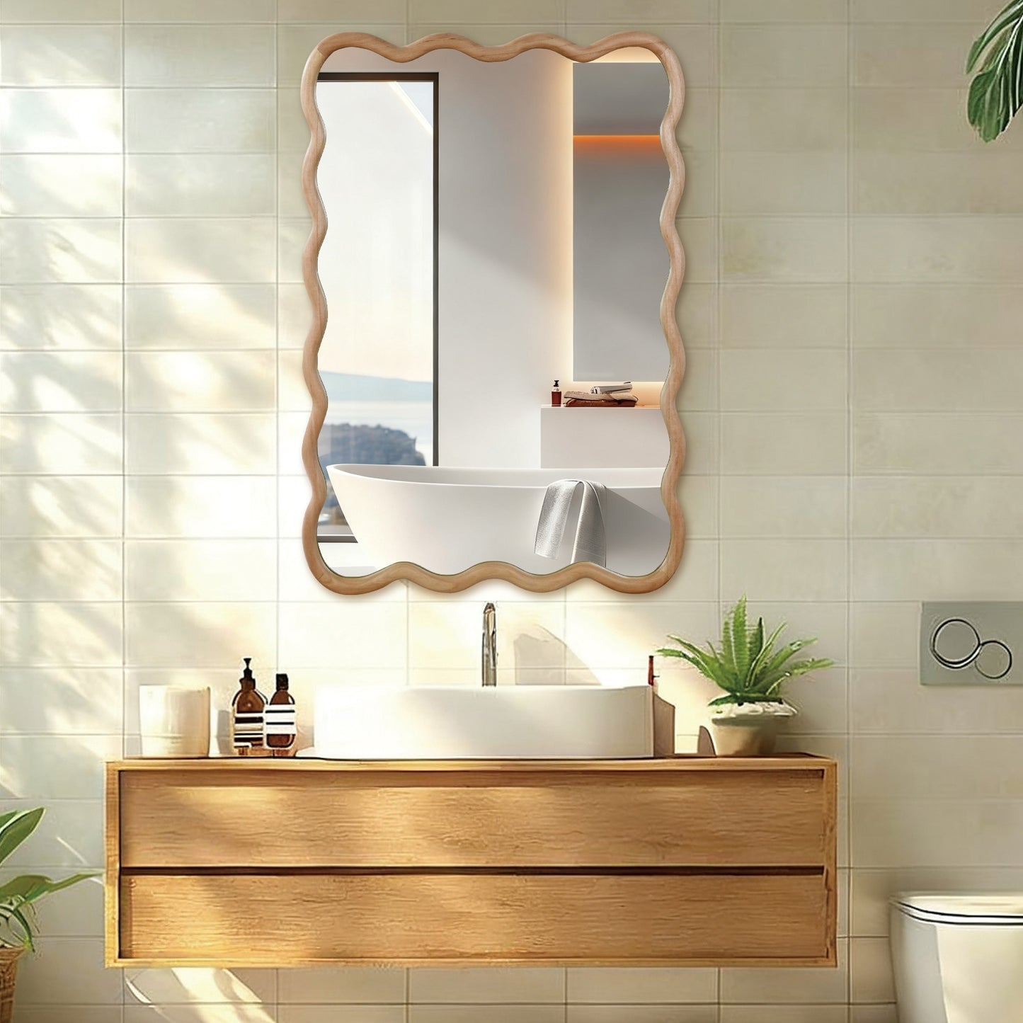 VanityFus 36-in W 24-in H Wavy Rectangle Natural Wood Framed Beveled Bathroom Vanity Mirror Wall Mirror