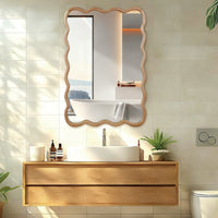 VanityFus 36-in W 24-in H Wavy Rectangle Natural Wood Framed Beveled Bathroom Vanity Mirror Wall Mirror