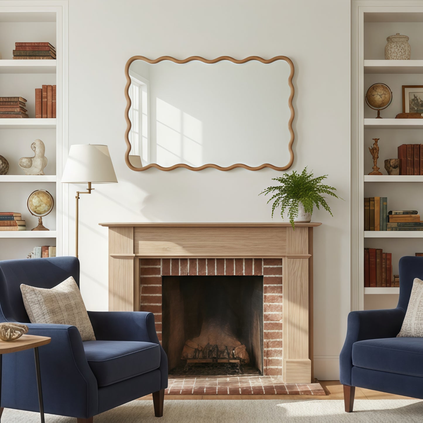VanityFus 36-in W 24-in H Wavy Rectangle Natural Wood Framed Beveled Bathroom Vanity Mirror Wall Mirror