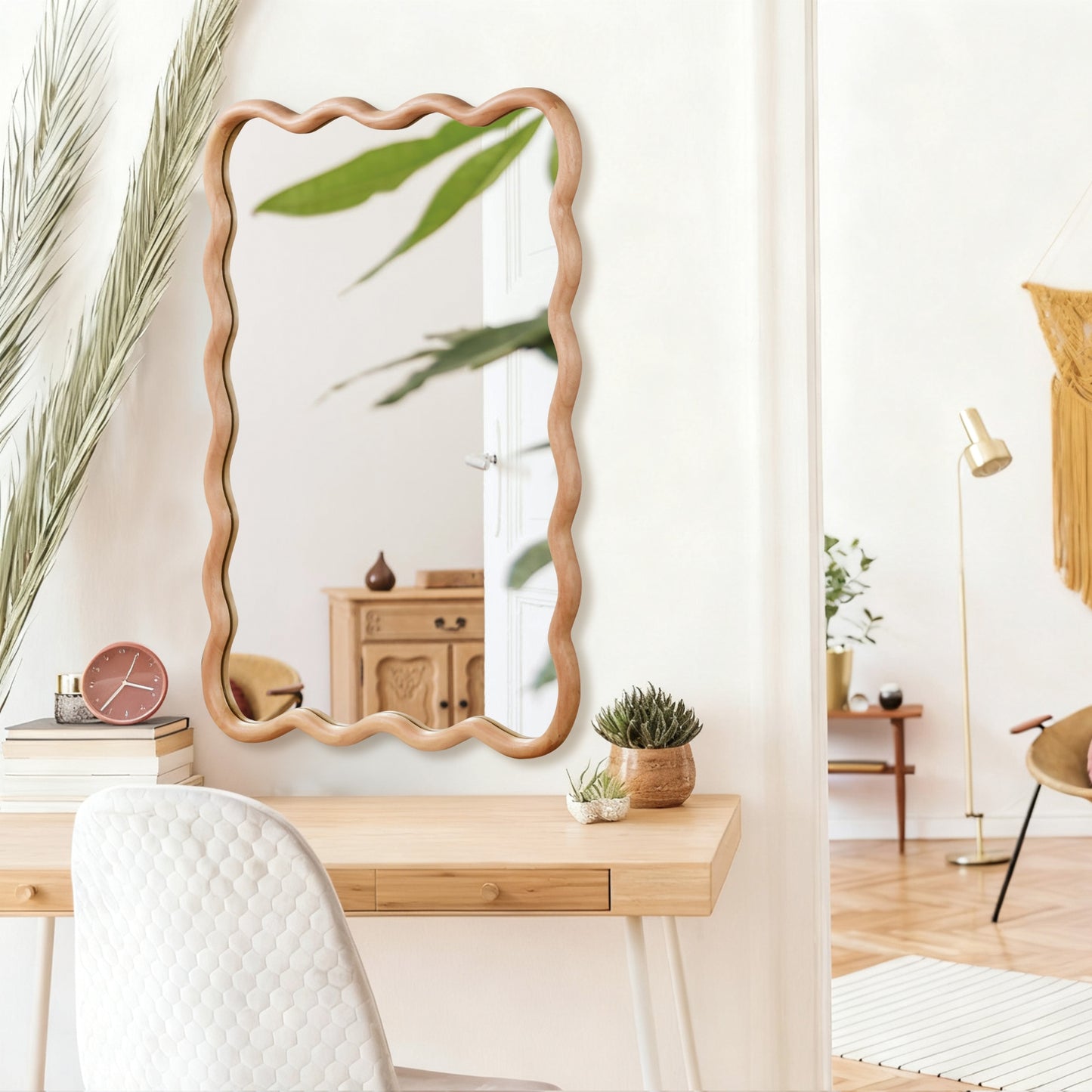 VanityFus 36-in W 24-in H Wavy Rectangle Natural Wood Framed Beveled Bathroom Vanity Mirror Wall Mirror