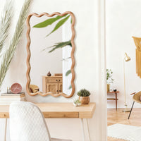 VanityFus 36-in W 24-in H Wavy Rectangle Natural Wood Framed Beveled Bathroom Vanity Mirror Wall Mirror
