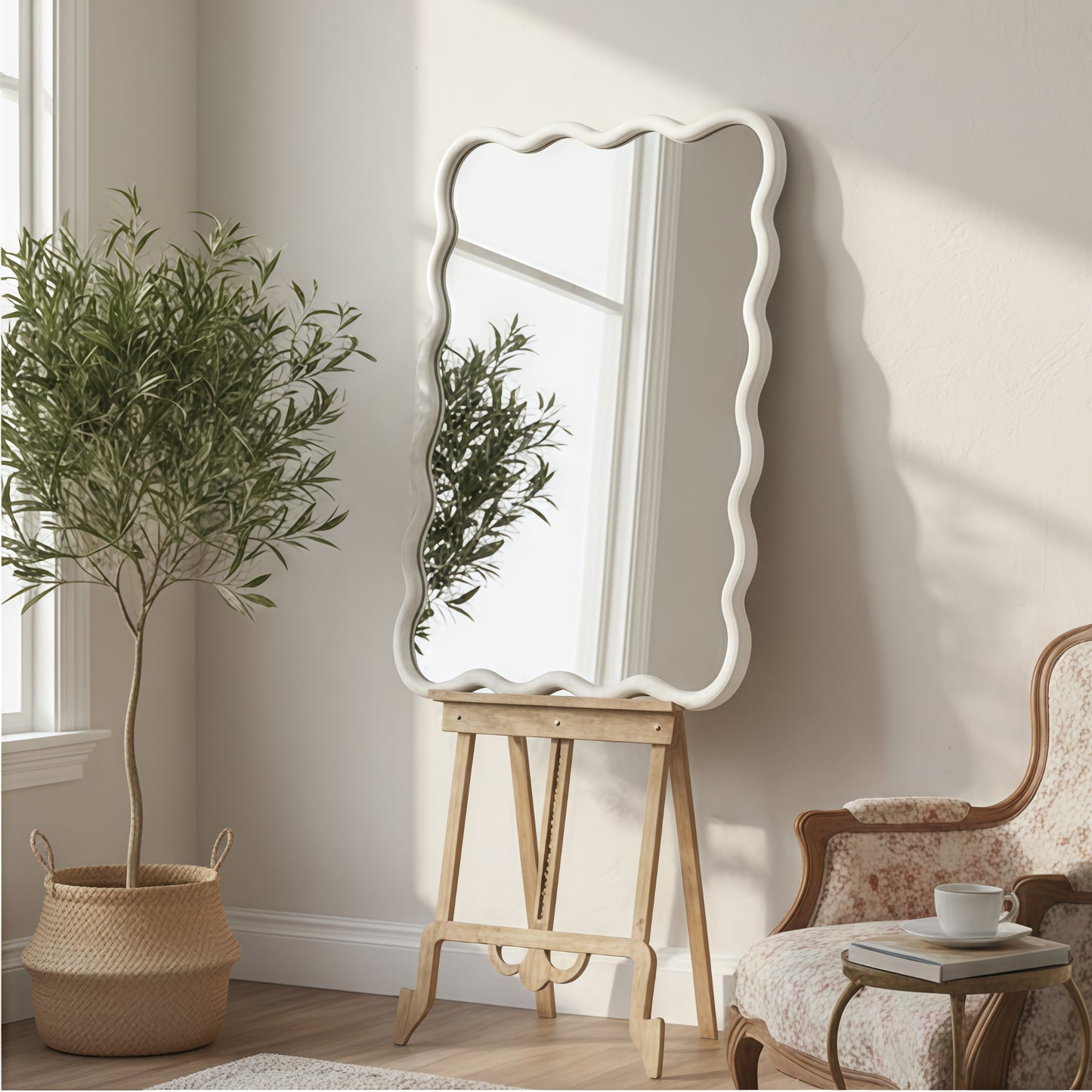 VanityFus 36-in W 24-in H Wavy Rectangle White Framed Beveled Bathroom Vanity Mirror Wall Mirror