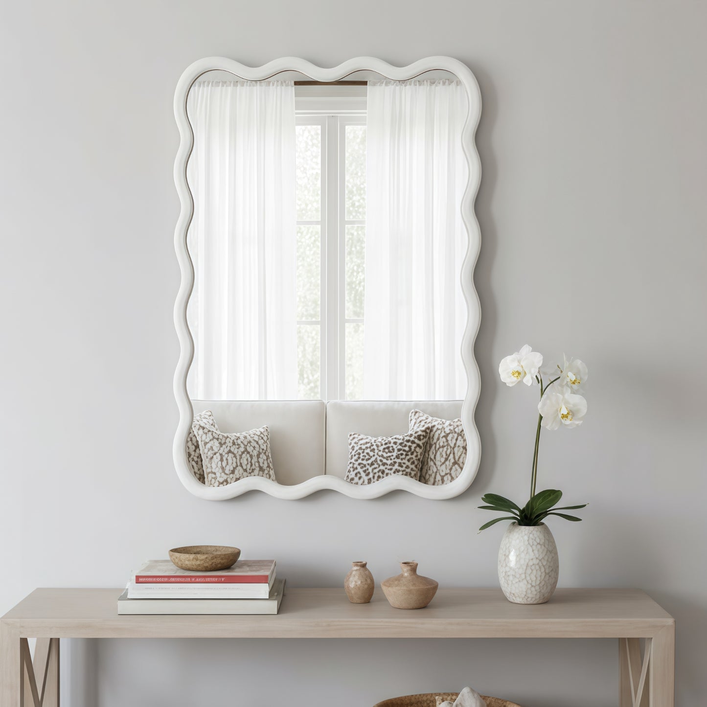 VanityFus 36-in W 24-in H Wavy Rectangle White Framed Beveled Bathroom Vanity Mirror Wall Mirror
