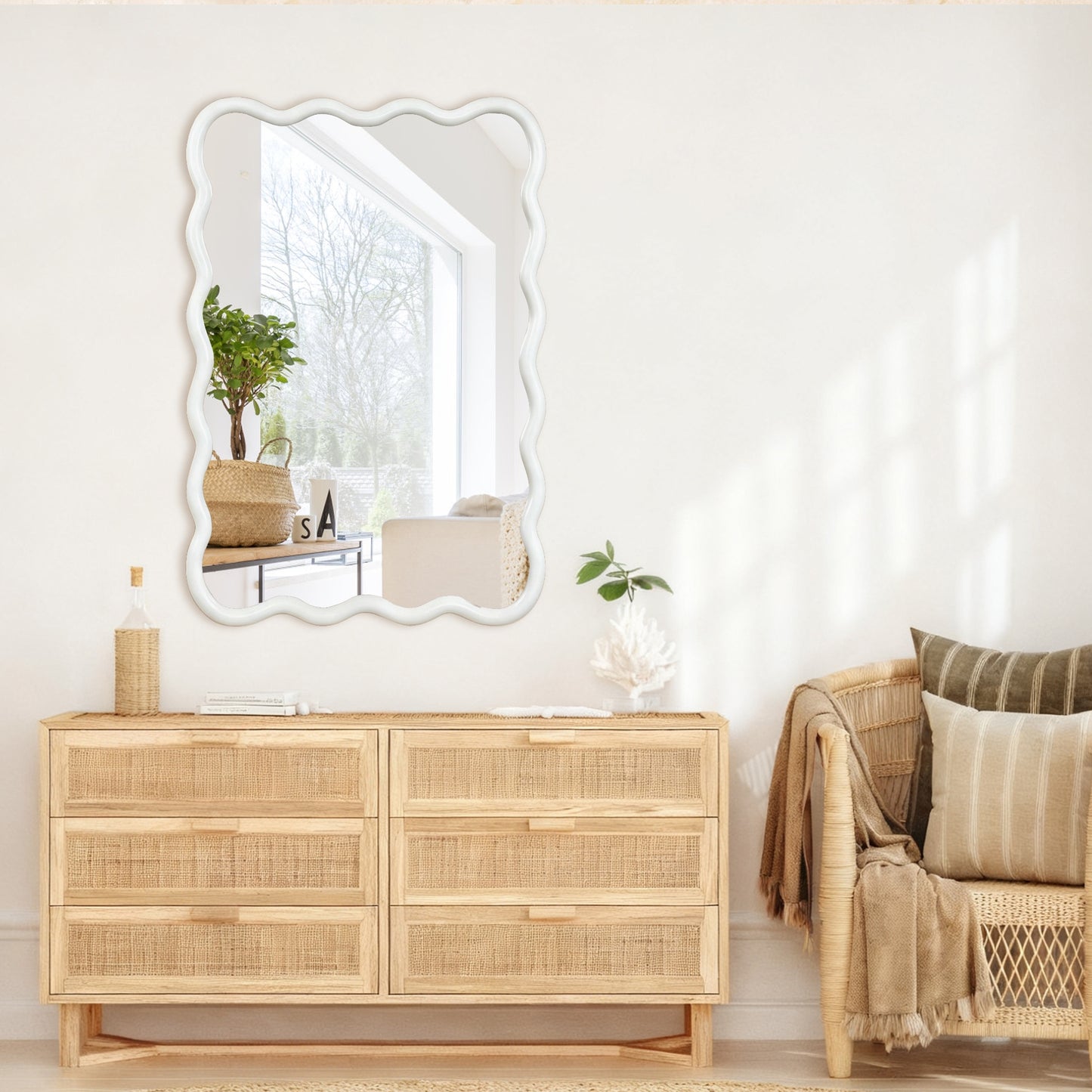 VanityFus 36-in W 24-in H Wavy Rectangle White Framed Beveled Bathroom Vanity Mirror Wall Mirror