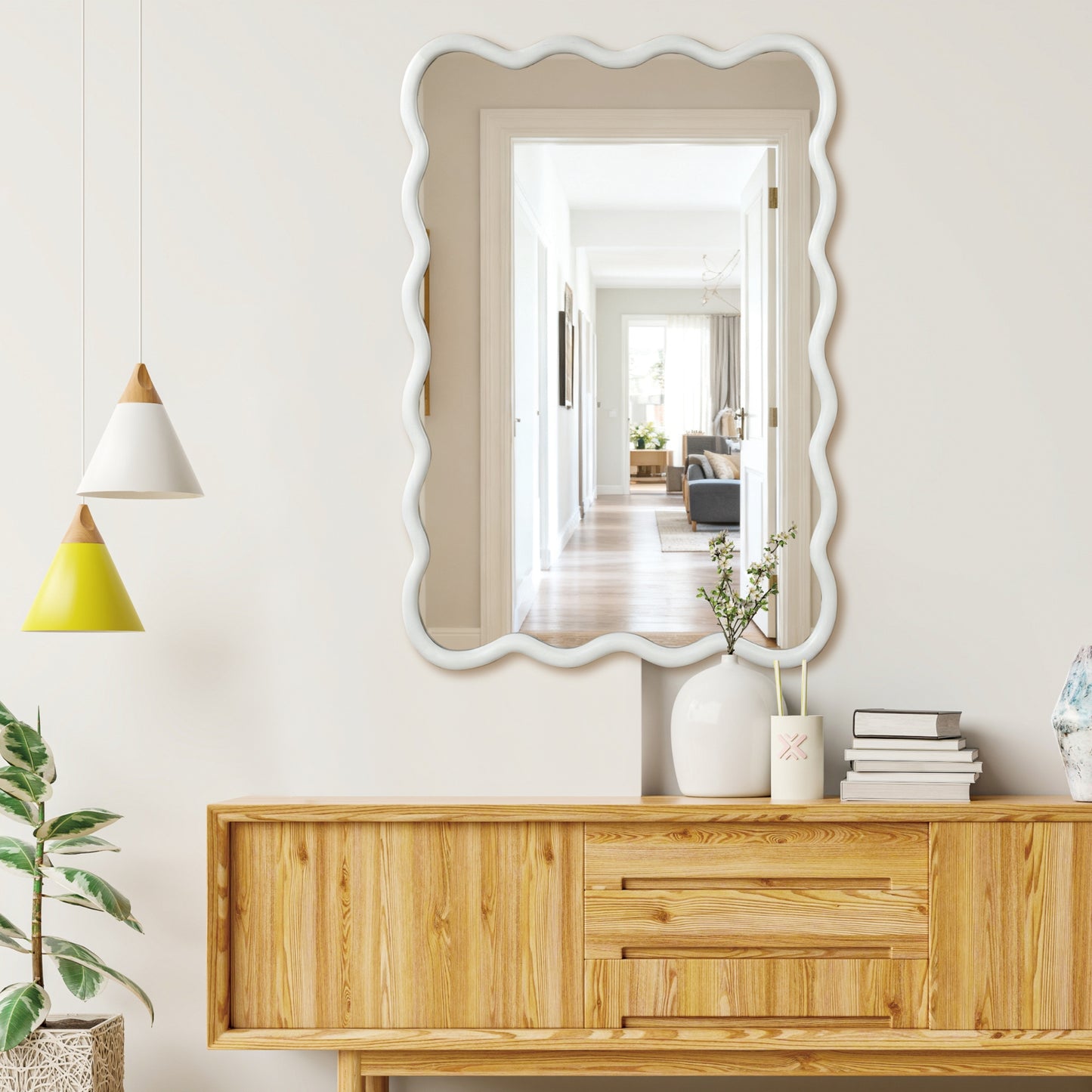 VanityFus 36-in W 24-in H Wavy Rectangle White Framed Beveled Bathroom Vanity Mirror Wall Mirror