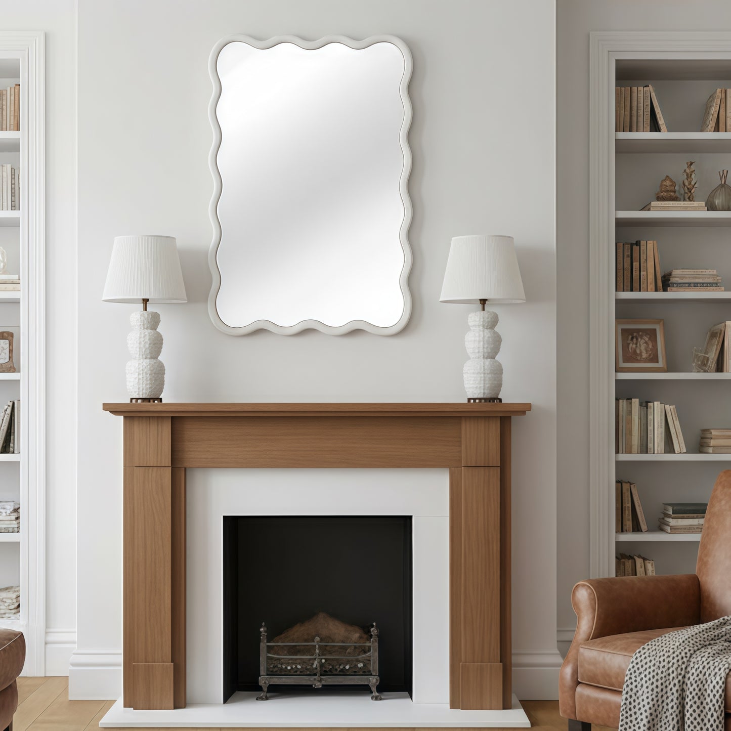 VanityFus 36-in W 24-in H Wavy Rectangle White Framed Beveled Bathroom Vanity Mirror Wall Mirror