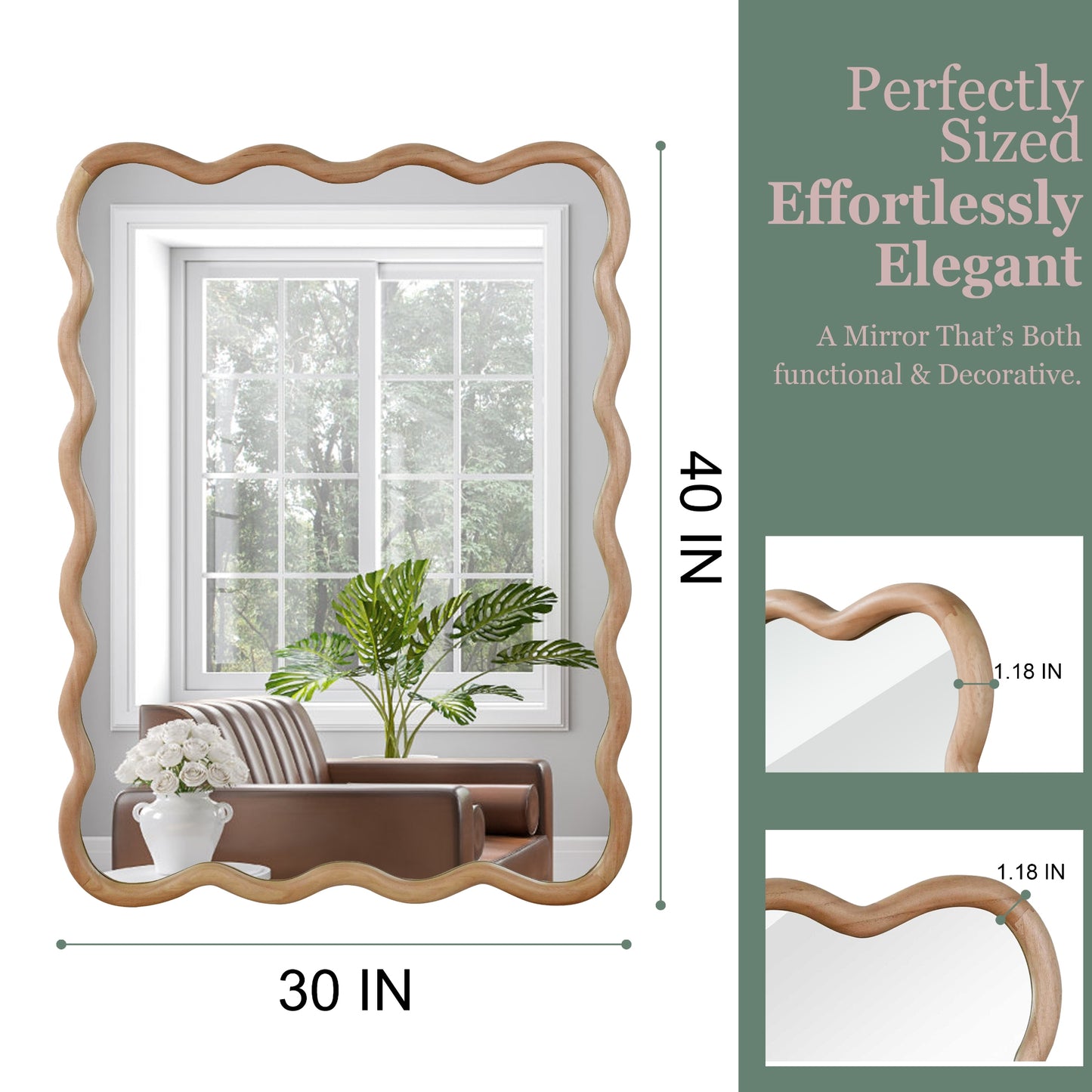 VanityFus 40-in W 30-in H Wavy Rectangle Natural Wood Framed Beveled Bathroom Vanity Mirror Wall Mirror