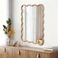 VanityFus 40-in W 30-in H Wavy Rectangle Natural Wood Framed Beveled Bathroom Vanity Mirror Wall Mirror