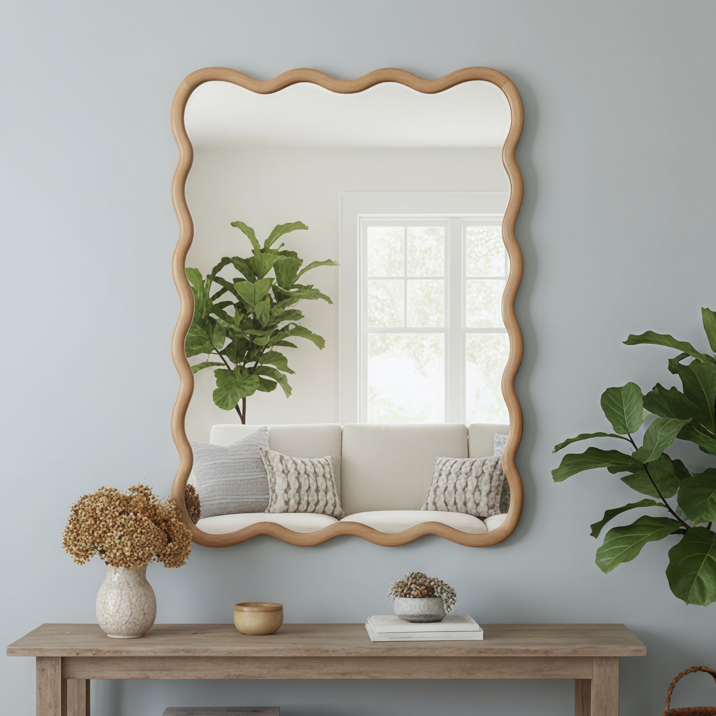 VanityFus 40-in W 30-in H Wavy Rectangle Natural Wood Framed Beveled Bathroom Vanity Mirror Wall Mirror