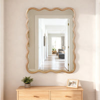 VanityFus 40-in W 30-in H Wavy Rectangle Natural Wood Framed Beveled Bathroom Vanity Mirror Wall Mirror