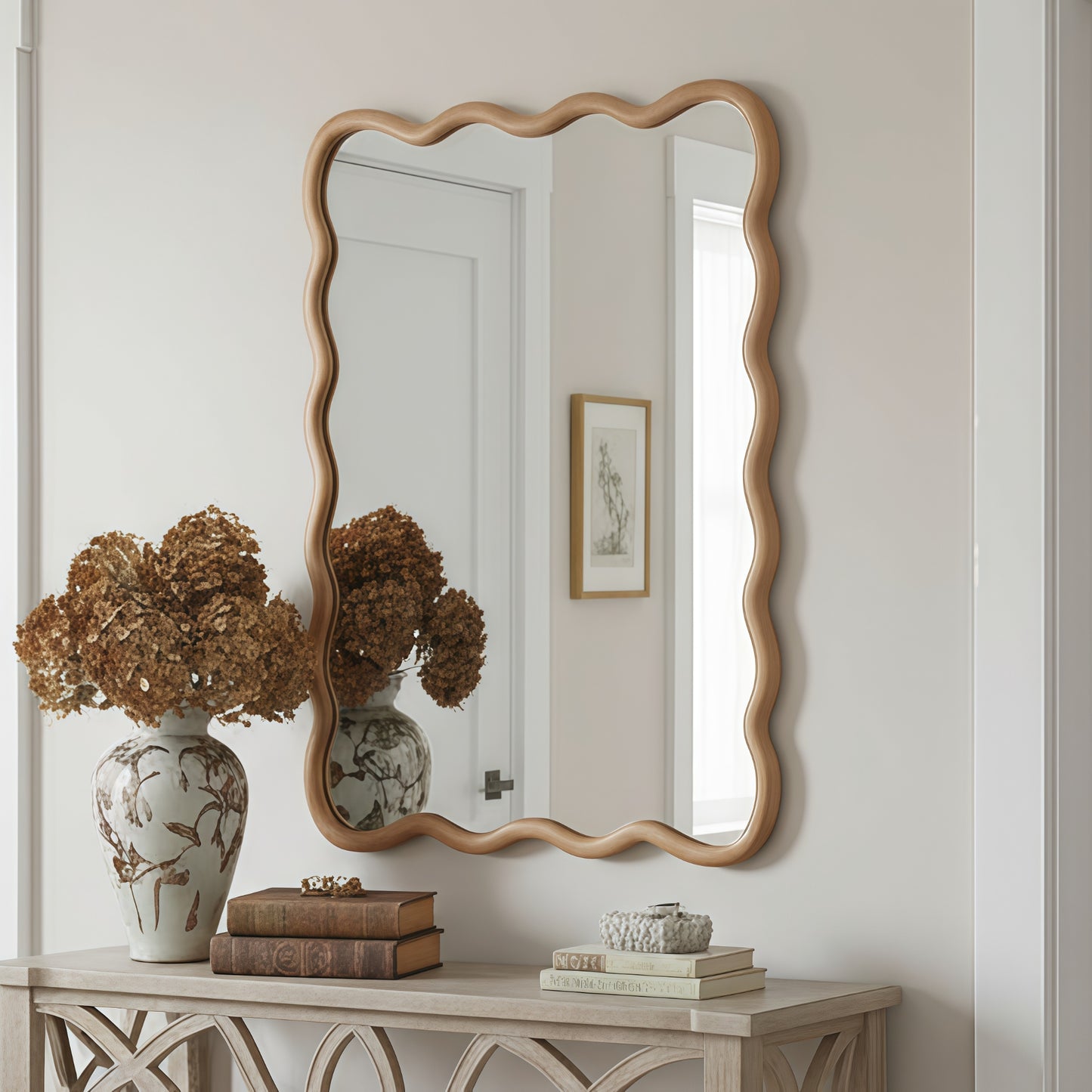 VanityFus 40-in W 30-in H Wavy Rectangle Natural Wood Framed Beveled Bathroom Vanity Mirror Wall Mirror