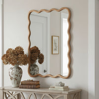 VanityFus 40-in W 30-in H Wavy Rectangle Natural Wood Framed Beveled Bathroom Vanity Mirror Wall Mirror