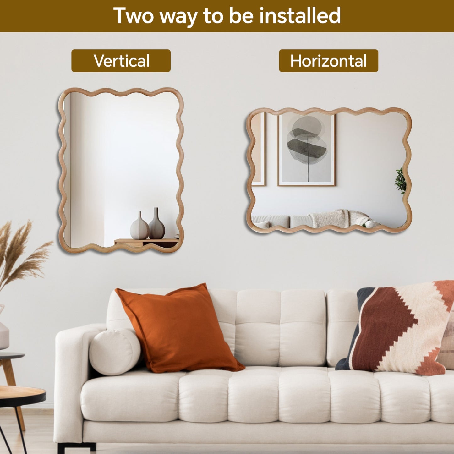 VanityFus 40-in W 30-in H Wavy Rectangle Natural Wood Framed Beveled Bathroom Vanity Mirror Wall Mirror