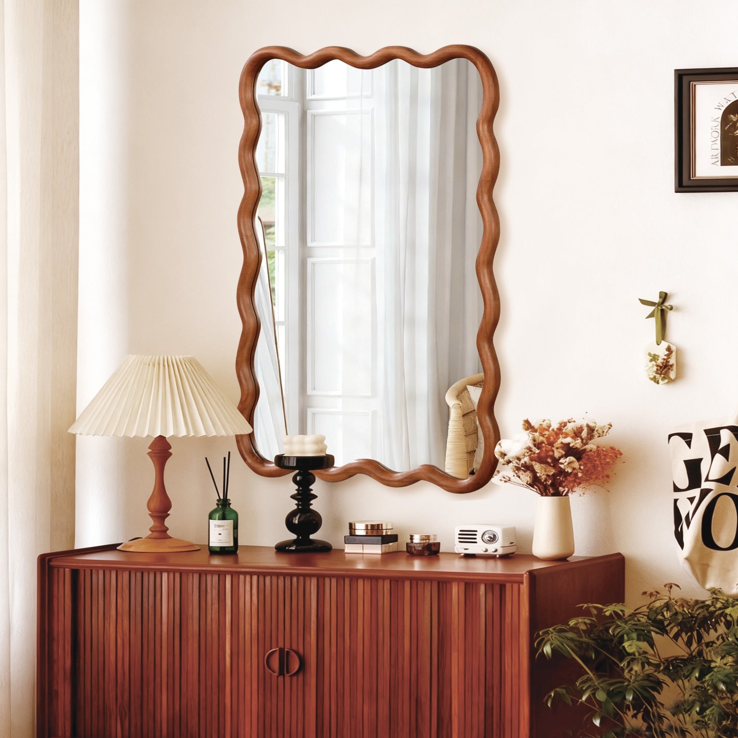 VanityFus 40-in W 30-in H Wavy Rectangle Yellowish-Brown Framed Beveled Bathroom Vanity Mirror Wall Mirror