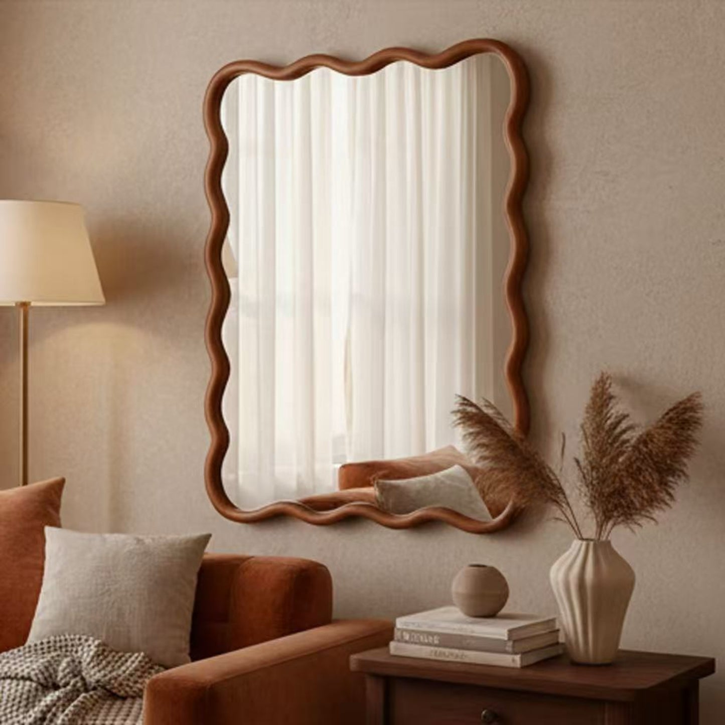 VanityFus 40-in W 30-in H Wavy Rectangle Yellowish-Brown Framed Beveled Bathroom Vanity Mirror Wall Mirror