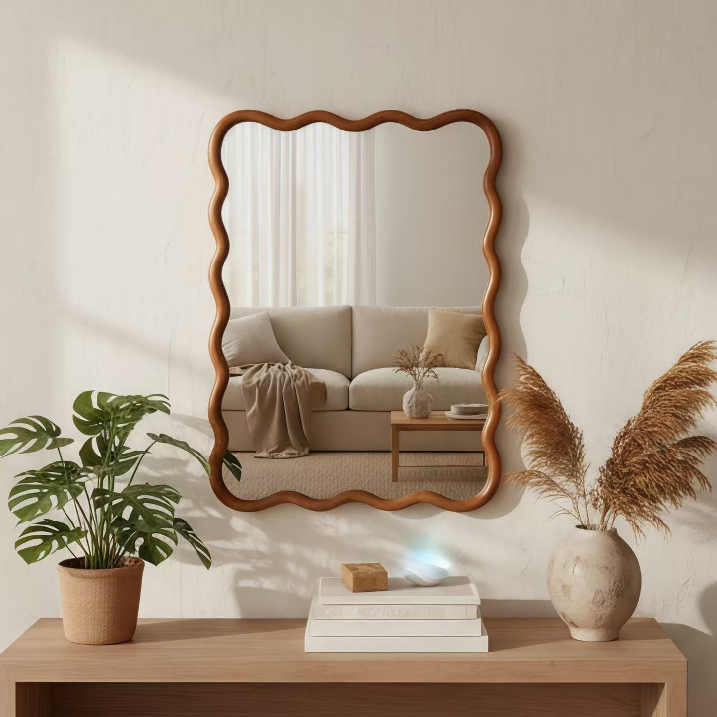 VanityFus 40-in W 30-in H Wavy Rectangle Yellowish-Brown Framed Beveled Bathroom Vanity Mirror Wall Mirror